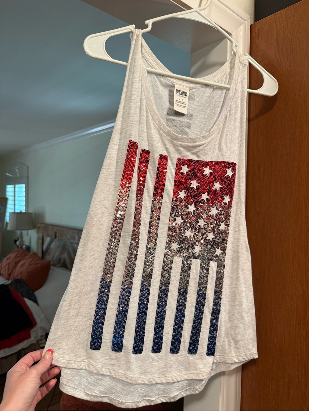 PINK Victoria's Secret White Muscle Tank with Red, Silver & Blue Sequin Flag